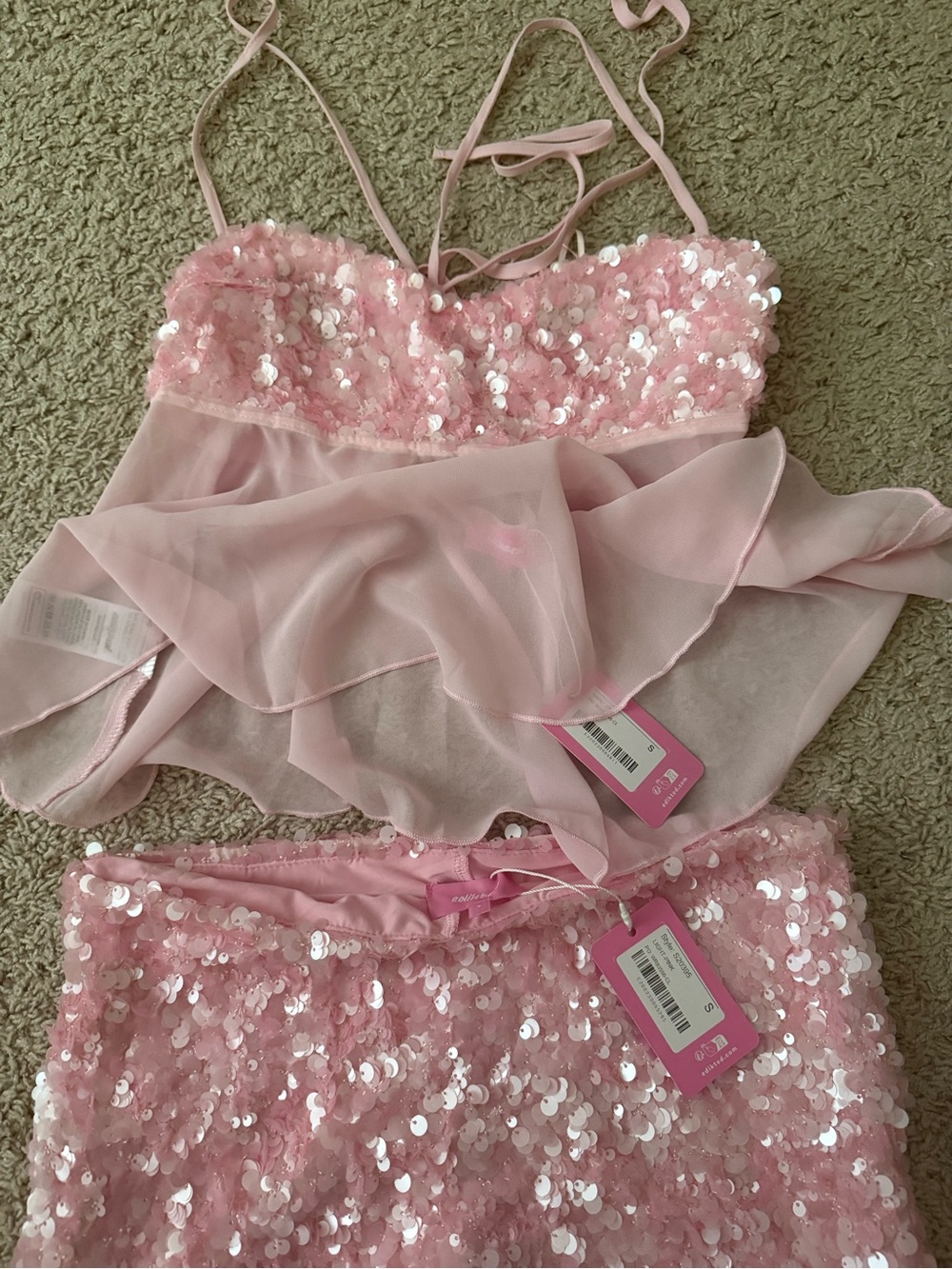 Edikted Pink Sequin Two-Piece Babydoll Top & Skirt - Picture 2 of 7